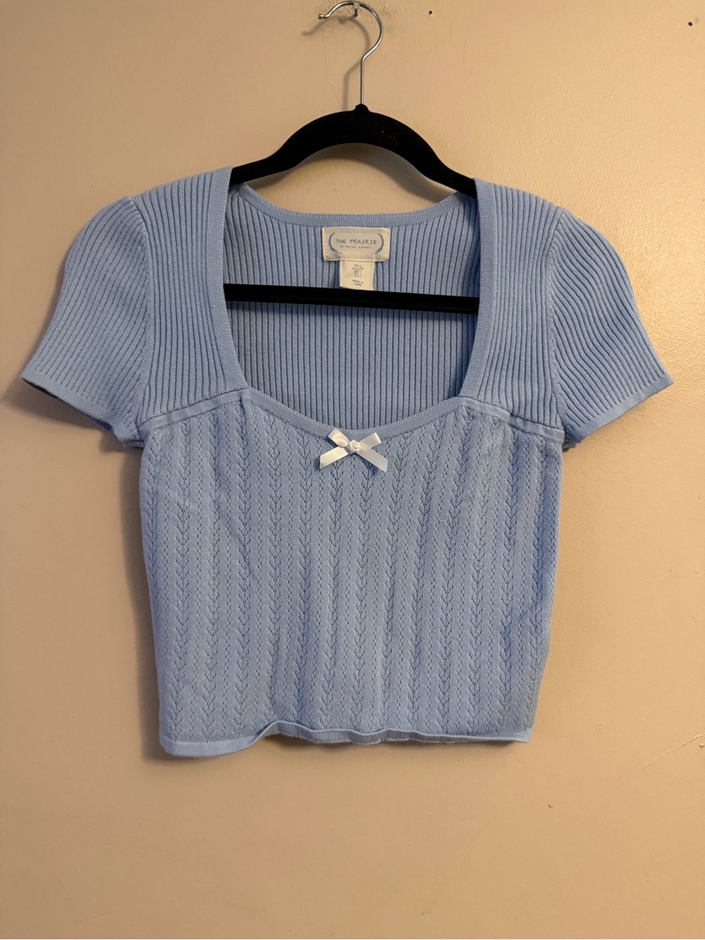 The Prairie Pale Blue Ribbed Knit Crop Top with Bow